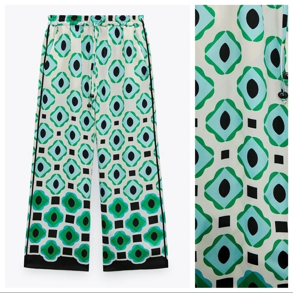 NWOT. Zara White/Green Geometric Print Flowy High-Waisted Pants. Size S. - Picture 4 of 7